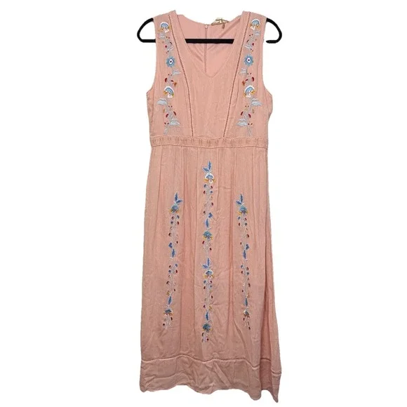Entro Peach Embroidered Midi Dress Boho Floral Sleeveless Empire Waist Size L - Picture 14 of 14